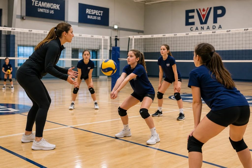 Youth volleyball players practicing with a coach near Burlington