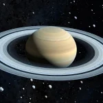 Saturn with its rings and many small moons against a dark sky