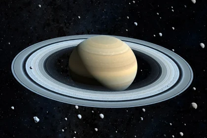 Saturn with its rings and many small moons against a dark sky