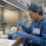 Clinician preparing a vaccine dose during an early-stage trial