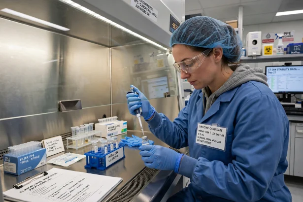 Clinician preparing a vaccine dose during an early-stage trial
