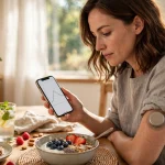 Person wearing a continuous glucose monitor sensor on the arm while checking glucose readings on a smartphone