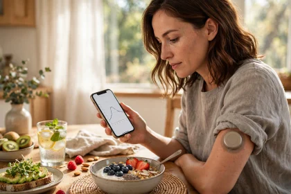 Person wearing a continuous glucose monitor sensor on the arm while checking glucose readings on a smartphone