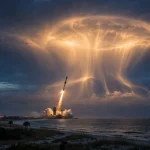 SpaceX Falcon 9 launch before dawn with a glowing jellyfish-shaped exhaust plume over the Florida coast