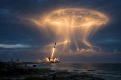 SpaceX Falcon 9 launch before dawn with a glowing jellyfish-shaped exhaust plume over the Florida coast
